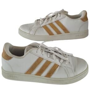 Adidas Shoes WMS 6 Baseline Casual Sneakers White Gold Leather Lace Up 3 Stripe